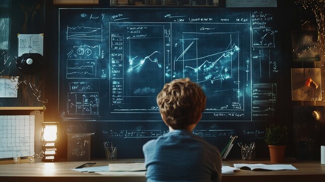 A young boy studies futuristic digital charts and graphs projected on a wall, surrounded by books and scientific diagrams in a dimly lit room.