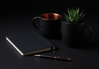 Black notebook, pen, and mugs with plant