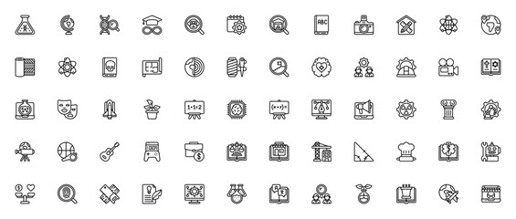 Education icon set. Minimal vector symbols for science, technology, arts & business. Includes flask, globe, DNA, book, laptop, rocket, AI and more. Editable line icons.