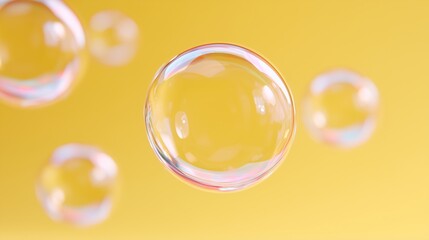 Abstract Beauty Shot of Floating Bubbles on Butter Yellow Background