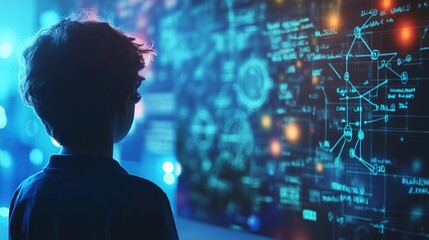 A child is immersed in a futuristic digital environment displaying complex scientific formulas and diagrams on a large screen.