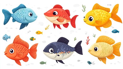 Naklejka premium Set of Colorful Cartoon Fish with Smaller Fish and Seaweeds on White Background 
