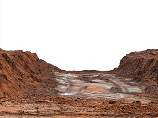 Wide view of a barren muddy construction site with uneven ground and reddish soil on a clear white background