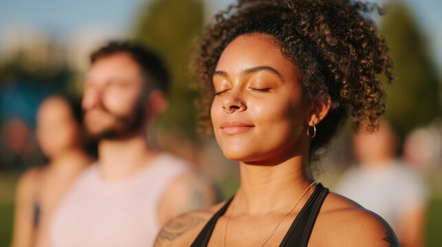 Inclusive Sunrise Yoga in City Park with Diverse Friends - Powered by Adobe