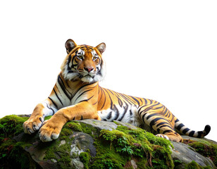 Bengal Tiger Resting on Mossy Rock Under Jungle Canopy, Calm and Majestic Pose