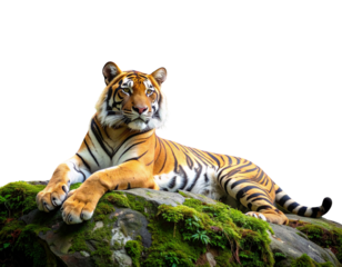 Bengal Tiger Resting on Mossy Rock Under Jungle Canopy, Calm and Majestic Pose