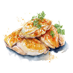 Hainanese Chicken Rice, watercolor painting, vector illustration, isolated on a white background.
