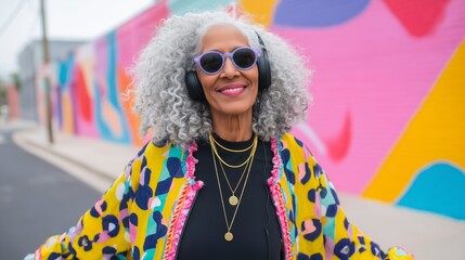 Joyful Elderly Woman Dancing in Headphones by Vibrant City Mural