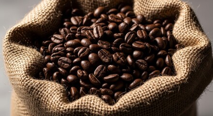 Aromatic Coffee Beans in Burlap Sack - Rich, dark roasted coffee beans fill a burlap sack, symbolizing warmth, energy, comfort, tradition, and a rich aroma