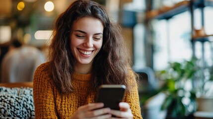 A young woman with curly hair smiles as she looks at her smartphone in a cozy, well-lit indoor setting.