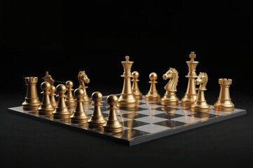 Fototapeta premium Sophisticated brass chess game featuring premium metallic pieces on marble board ideal for luxury office decor executive gaming high-end chess materials