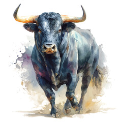 Watercolor vector illustration of Bull, isolated on white background.