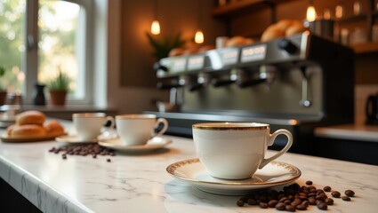 Fototapeta premium Coffee cups and coffee beans on a marble countertop in a cafe.