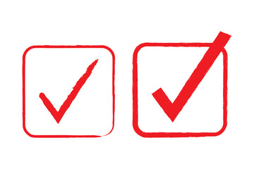 Red Check mark set. Hand painted grunge brush tick symbol design element. Isolated vector yes check marks collection.