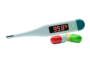 Digital Thermometer Showing 99 8 Degrees Fahrenheit with Pills on transparent background