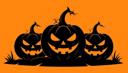 Three sinister black pumpkins on an orange background