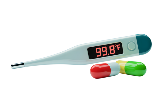 Digital Thermometer Showing 99 8 Degrees Fahrenheit with Pills on transparent background