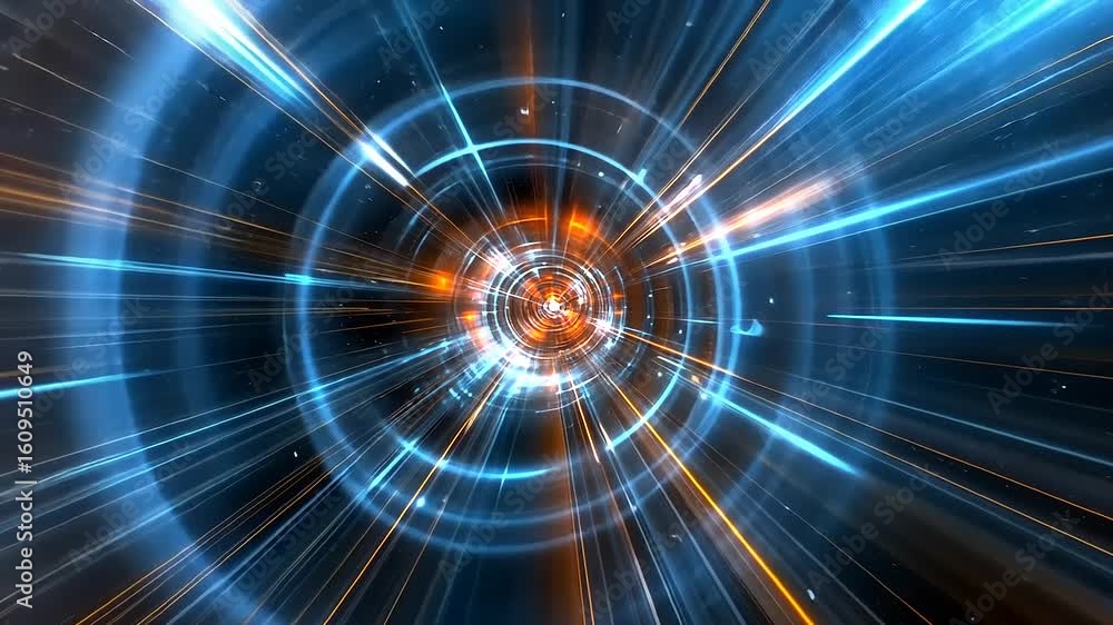 Poster vibrant abstract light tunnel with dynamic streaks of blue and orange, creating a sense of motion