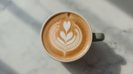 A cup of hot café latte with smooth milk foam, showcasing elegant latte art on top. Popular in modern coffee shops for its visual appeal and barista craftsmanship