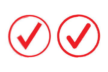 Red Check mark set. Hand painted grunge brush tick symbol design element. Isolated vector yes check marks collection.