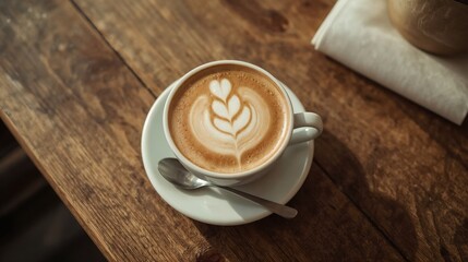 A cup of hot café latte with smooth milk foam, showcasing elegant latte art on top. Popular in modern coffee shops for its visual appeal and barista craftsmanship