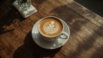 A cup of hot café latte with smooth milk foam, showcasing elegant latte art on top. Popular in modern coffee shops for its visual appeal and barista craftsmanship