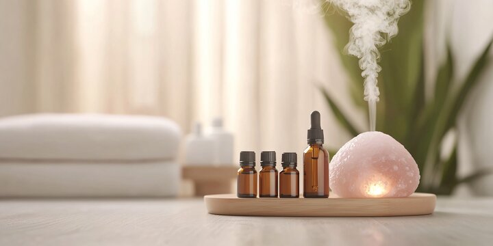 The tranquil setup of an aromatherapy station within a holistic therapy space, showcasing an array of amber glass bottles filled with essential oils.