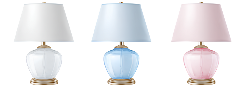3 table lamps with white shades, one blue and the other pink, in a transparent background.