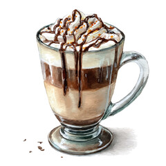 Watercolor vector illustration of Caffe Mocha, isolated on white background.