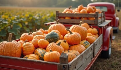 Retro truck with open bed full of pumpkins in a wooden crate, set against a green field with scattered pumpkins. Warm sunlight evokes autumn abundance, harvest traditions, and rural charm