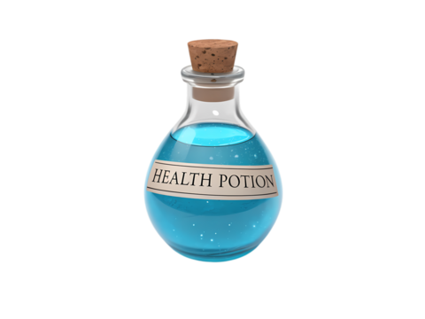 Sparkling Blue Potion in Glass Bottle on transparent background