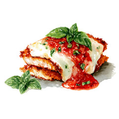 Chicken Parmigiana, watercolor painting, vector illustration, isolated on a white background.