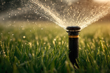 Sprinkler Watering Green Lawn