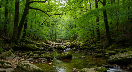 Serene Forest Stream: Lush Green Trees, Mossy Rocks, Tranquil Nature Scene, Peaceful River