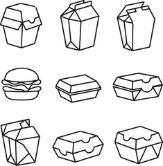 Cardboard Takeout Containers Outline Set – Disposable Food Packaging Icons