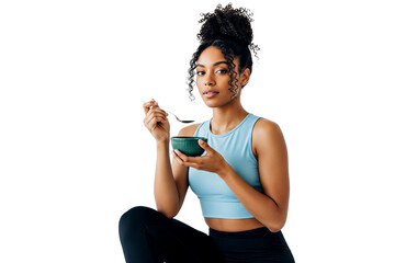 young sporty woman with cup of food isolated on white