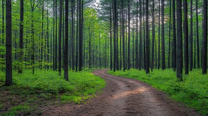 Fototapeta premium Forest path winds through tall, dense trees