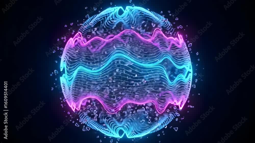 Poster abstract render with a glowing sphere emanating pink and blue waves with digital particles floating 