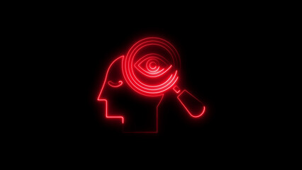 Obraz premium Red neon illustration of head with eye examined by magnifying glass on black background