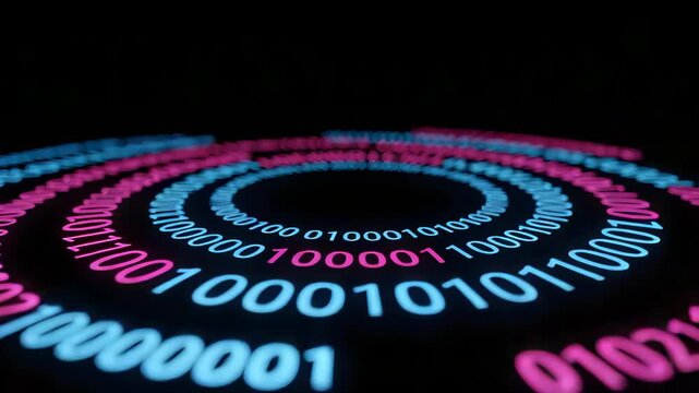 Neon pink and blue binary code circles glow against a black background. The focus is on the center with a shallow depth of field, creating a