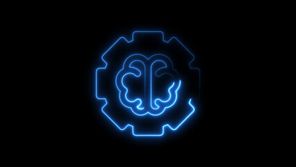 Illuminated blue brain symbol within gear represents artificial intelligence and cognitive process