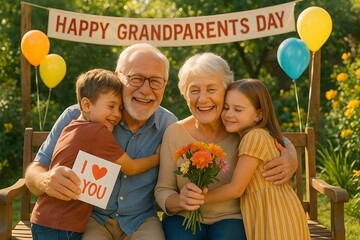 senior couple with children in garden , world’s grandparents day , Happy grandparents day