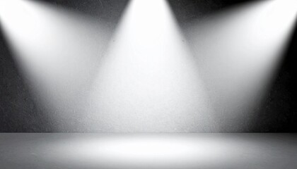 Empty studio stage background with three spotlights illuminating textured wall and floor for product placement