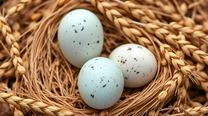 Three speckle eggs nestled in wheat and grains, surrounded by a rustic, innate setting.