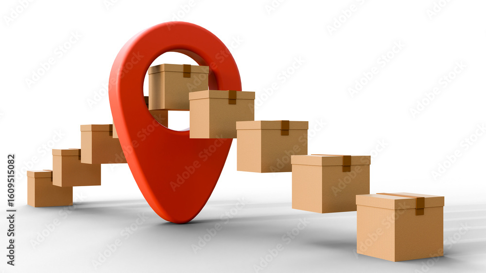 Aufkleber cardboard box or parcel box floats in the air on the front and back of the map or navigation pin on 