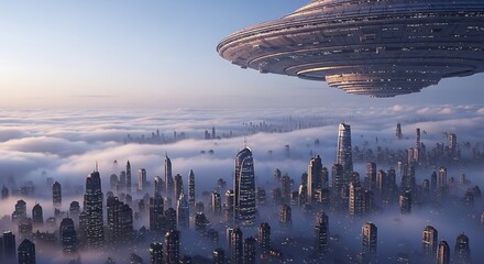 Massive alien spacecraft hovers over a foggy futuristic city skyline at dawn cityscape skyscrapers