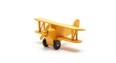 Old wooden toy plane, isolated retro model vehicle on white