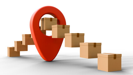 Cardboard box or parcel box floats in the air on the front and back of the map or navigation pin on isolated background. 3d illustration for ecommerce, logistics, delivery, online shopping concept.