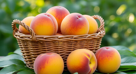 Juicy Ripe Peaches In A Rustic Woven Basket Outdoors