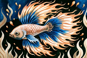 Fototapeta premium Vibrant betta fish with fiery orange and blue flowing fins in dark aquatic environment